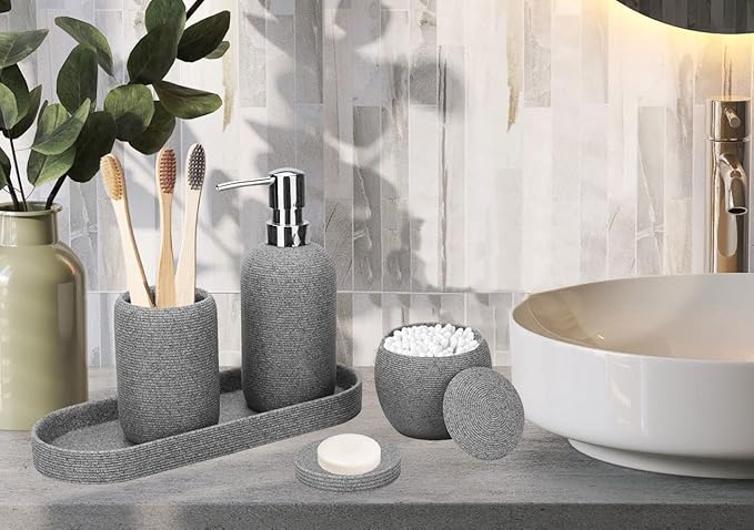 Grey Resin Bathroom Accessory Set, 5 Pcs Bathroom Accessories Set with Lotion Dispenser,Soap Dish,Toothbrush Holder,Vanity Tray,Qtip Holder Dispenser, Modern Bathroom Decor and Housewarming Gift Set