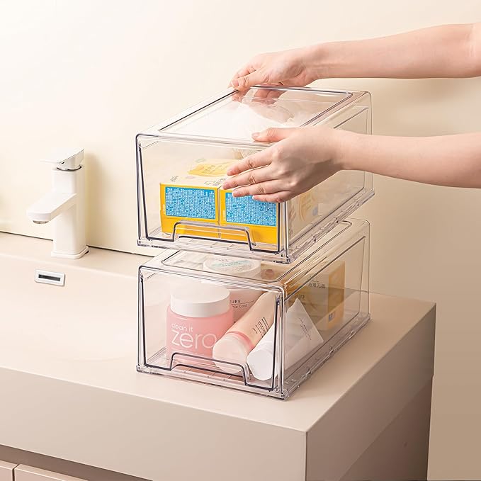 2 Pack Stackable Storage Drawers, Plastic Clear Organizer Bins with Handles for Undersink, Kitchen Cabinet, Fridge, Closet, Pantry, Office, Bathroom