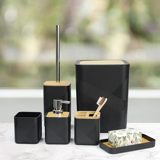 CERBIOR Bathroom Accessories Set 6 Piece Bamboo Bath Ensemble Includes Soap Dispenser, Toothbrush Holder, Toothbrush Cup, Soap Dish for Decorative Countertop and Housewarming Gift (Black)