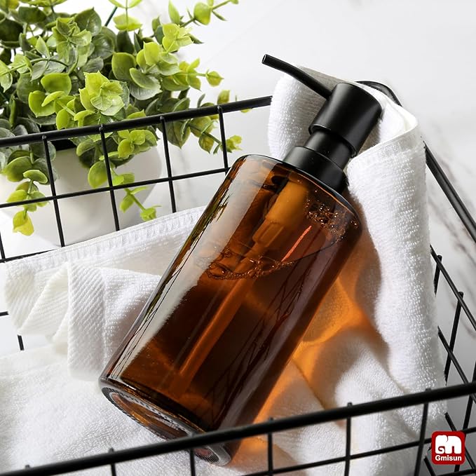 GMISUN Amber Glass Soap Dispenser, Hand Soap Dispenser for Bathroom, Dish Soap Dispensers for Kitchen, 12 fl oz/350ml Glass Bottle with Stainless Steel Pump, Modern Refillable Liquid Lotion Bottles