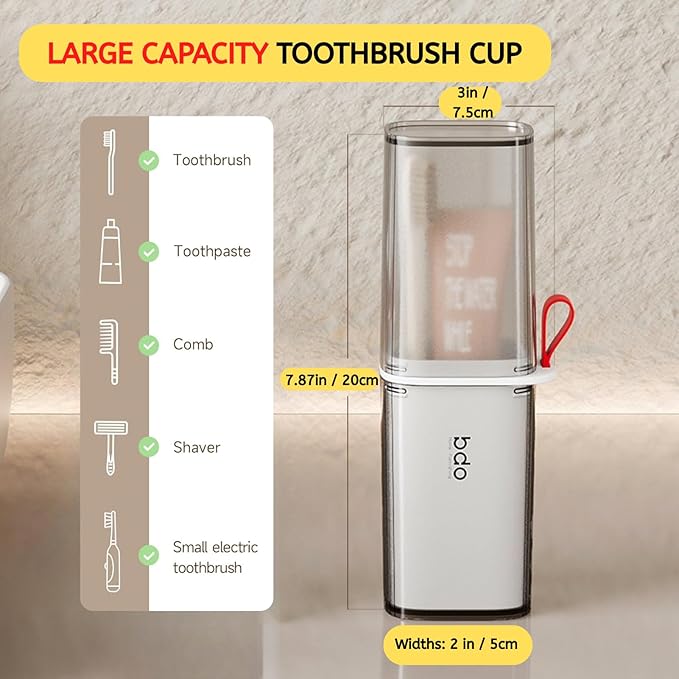 Topavatop Toothbrush Travel Case, 2 in 1 Toothbrush Holder and Rinse Cup, Large Capacity Toothbrush Cup with Cover, Portable Travel Toothbrush Holder for Traveling, Camping, Trip - 1Pcs - Grey&White