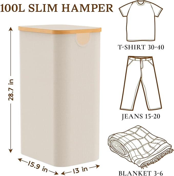 Laundry Baskest with Lid, 100L Large Tall Laundry Hamper with Removable Bag, Collapsible Laundry Hamper for Bedroom, Bathroom, Dorm, Laundry Room, Beige