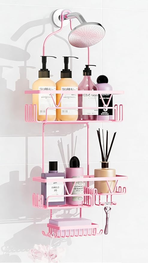 Hanging Shower Caddy Over Shower Head, Anti-Swing Shower Organizer For Inside Shower With 2 Soap Holders, Multi Hooks, Rustproof Bathroom Accessories, Pink