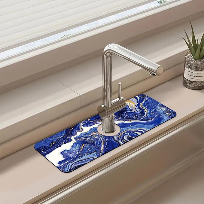 Sink Faucet Absorbing Mat Blue Gold Marble Sink Splash Guard Drying Mat for Kitchen Bathroom Faucet Sinkmat 15.5"X5.5"