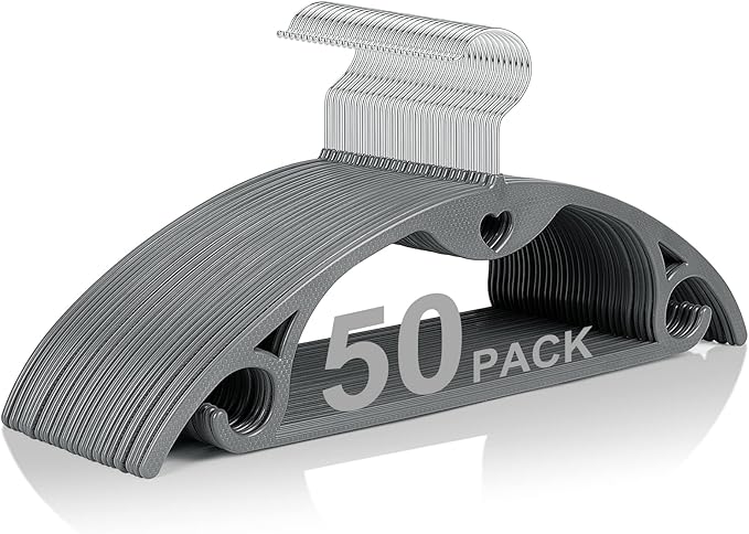 Grey Plastic Hangers 50 Pack: No Shoulder Bumps Ultra Thin Plastic Hanger for Space Saving, Suits, Heavy Duty Coat Clothes Shirt Dress
