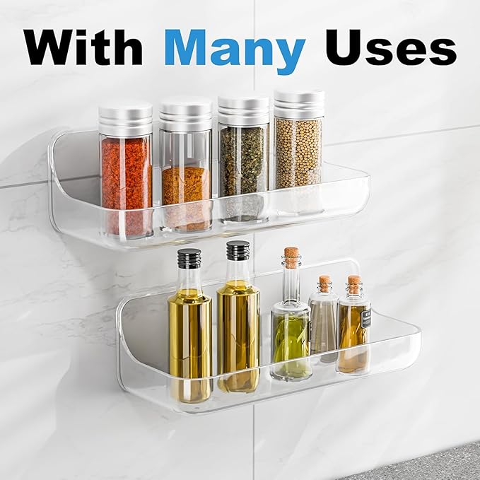Adhesive Shower Caddy, 6 Pack Acrylic Bathroom Shelves, No Drill Wall Mount Organizer Storage Shelf