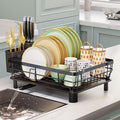 Iron Dish Drying Rack with Drainboard Dish Drainers for Kitchen Counter Extendable Spout Strainers with Utensil Holder and Knife Slots, Black