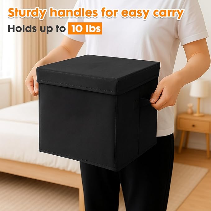ShellKingdom Storage Bins, Foldable Fabric Storage Cubes with Lid, Clothes Storage Organizer Drawer For Closet Toys Storage, 10.5 X 10.5 X 11 INCH, 2 Pack (Black)