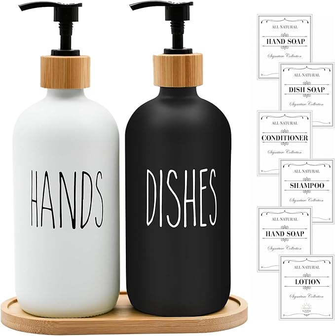 16 OZ Thick White & Black Glass Soap Dispenser, Bamboo Pump with Tray 2 Pack, Hand and Dish Soap Dispenser Set for Bathroom with 6 Waterproof Labels
