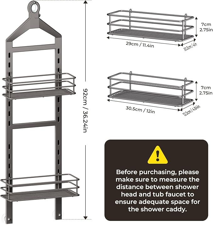 Orimade Adjustable Anti-slip Shower Caddy over Shower Head, Rustproof Bathroom Hanging Shower Organizer with 2 Hooks for Razor, No Drilling Shelves Storage Rack 2 Tier, Grey