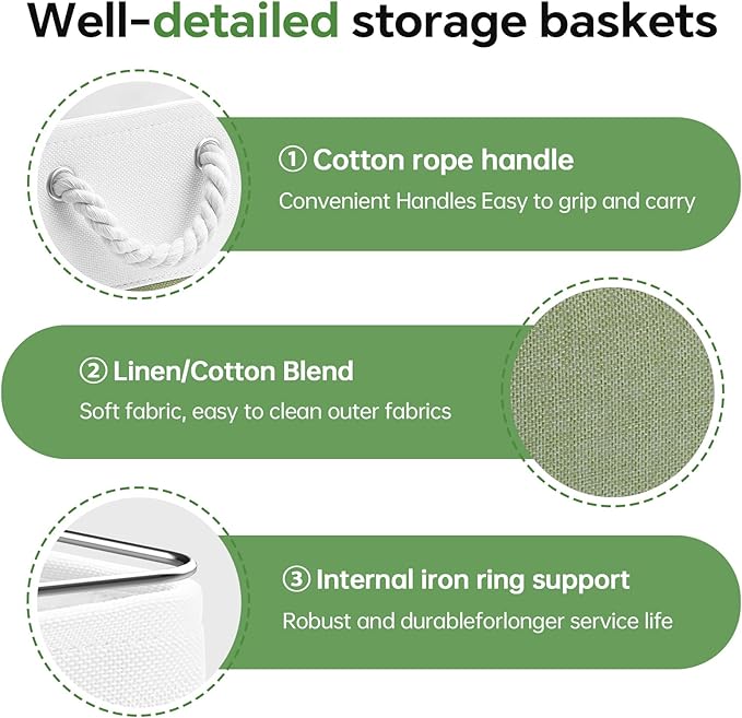 13x13 Inch Cube Storage Bins with Reinforced Bottom Cardboard, 6 Pack Large Foldable Fabric Storage Cubes with Handles for Shelf, Closet, Laundry Organization (White&Green)