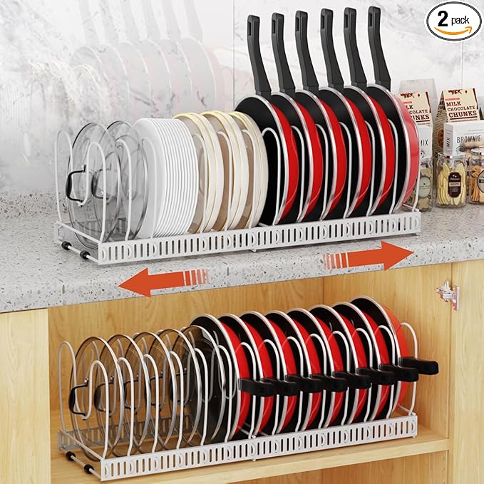 Housolution 2 Pack Pot and Pan Organizer Rack, 12"-23" Expandable Pot Lid Organizer with 14 Adjustable Dividers, Pan Holder Storage Rack for Kitchen Cabinet, White