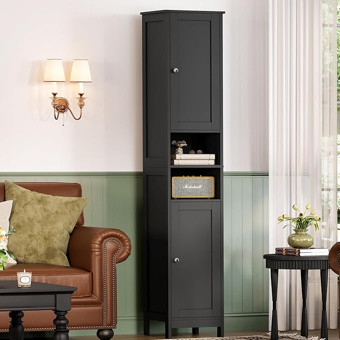 TEENFON 67" Tall Bathroom Cabinet with Adjustable Shelves and Doors, Narrow Bathroom Storage Cabinet for Small Space, Living Room, Entryway, Kitchen, Black