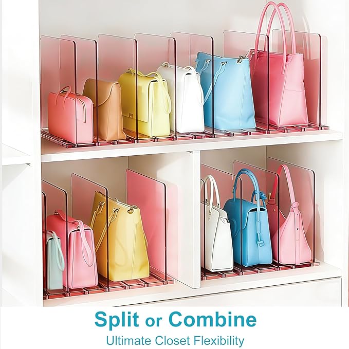 Purse Organizer for Closet: Shelf Dividers Adjustable Acrylic Bag Closet Organizers and Storage Pink 4 Bases 14 Shelves