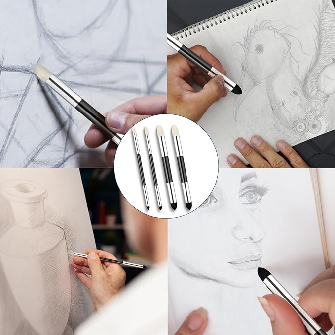 4pcs Artist Blending Sponge Pen Dual Tip Reusable Drawing Art Soft Oil Pastel Blending Tools Washable Sketch Rubbing Sponge Brush for Artist Professional Sketch Drawing Blending Lightening & Highlight