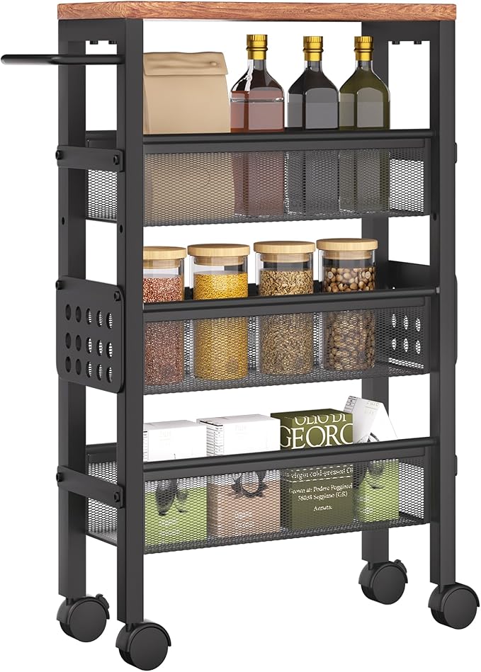 TORIBIO 4 Tier Slim Storage Cart, Narrow Kitchen Rolling Cart with Wheels for Small Space,Mobile Utility Cart Shelving Unit with Metal Frame and Wooden Top for Kitchen, Bathroom, Laundry Room