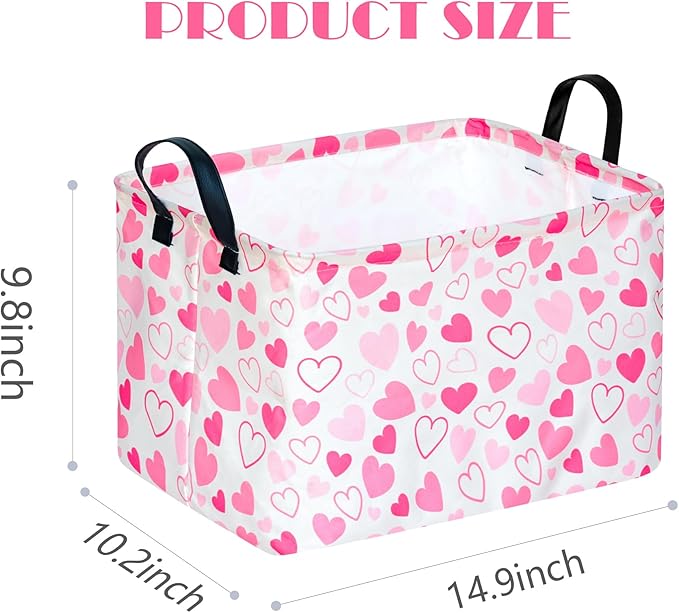 Girls Gift Basket Heart Print Storage Cube for Women, Closet Shelf Organizer Bins Empty Gift Basket with Handles Nursery hamper Kids Toys Books Box Room Deco
