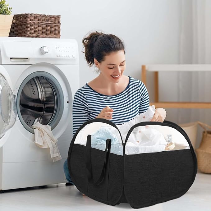 Collapsible Laundry Baskets, Tear Proof Pop Up Laundry Hamper with Large Capacity, Sturdy Foldable Laundry Basket, Easy to Carry Laundry Hamper for Home, Laundry Room, Bedroom, Dorm, Travel Black