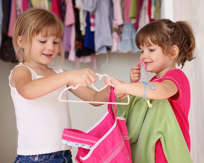 Kids Pink Velvet Clips Hangers - 13inch 50 Pack Baby Hanger with 20pcs Movable Clips, Stackable Non-Slip Heart Flocked Hangers Fit for Children and Toddler, Heavy-Duty and Space-Saving(Silver)