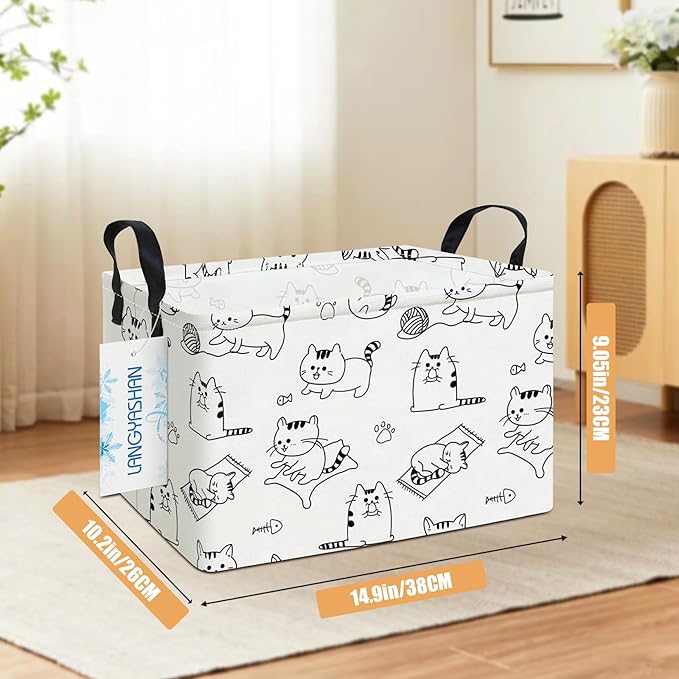 LANGYASHAN Rectangular Storage Bin Collapse Canvas Fabric Cartoon Storage Basket with Handles for Organizing Home Kitchen Boys and Girls Toys Office Closet Shelf Baskets (Rec Cat)