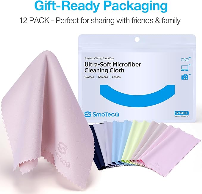 SmoTecQ 12 Pack Microfiber Lens Cleaning Cloths – Ultra-Soft, Scratch-Free Eyeglass Cloths for Glasses, Screens & Cameras – 7×6 in, Assorted Colors