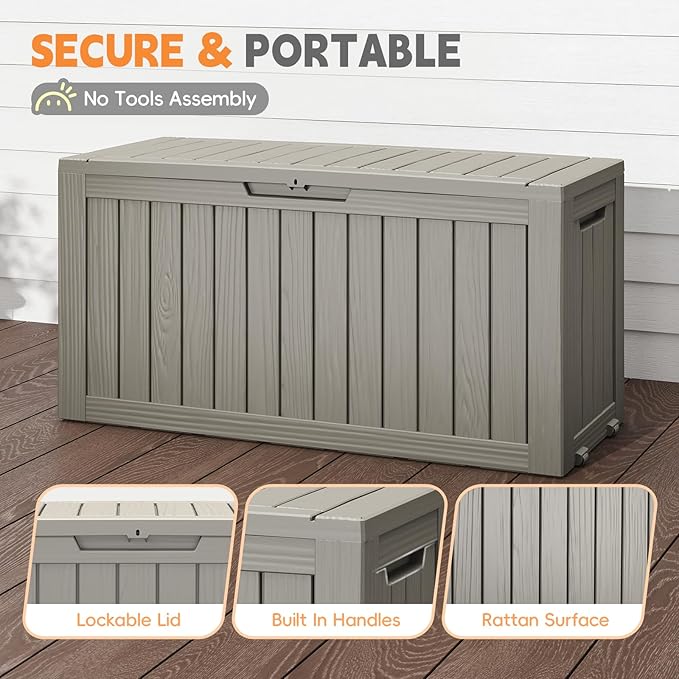 Outdoor Storage Box, 75 Gallon Waterproof Resin Deck Box, Storage Bin for Package Delivery, Patio Furniture Cushion, Garden Tools, Pool Accessories, Weatherproof and UV Resistant, Grey