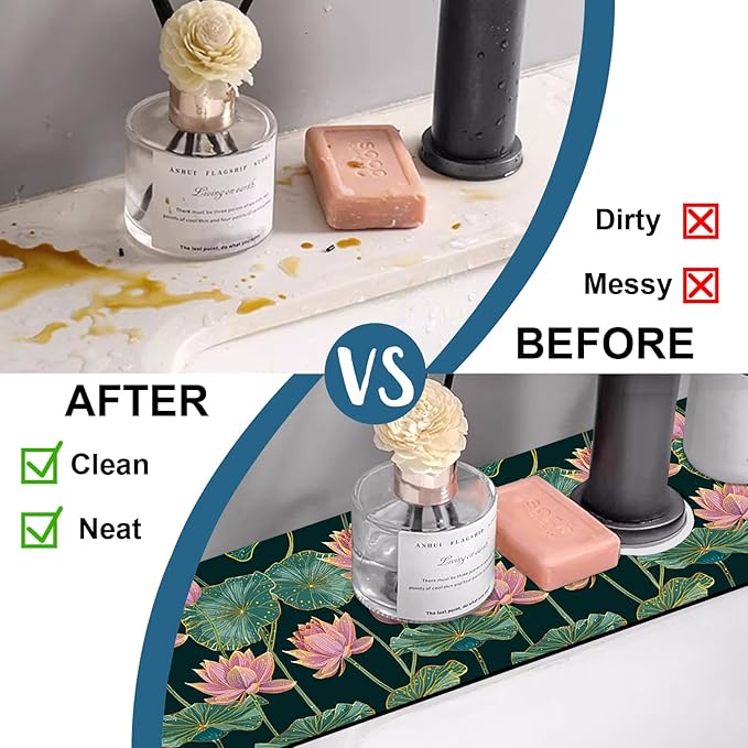 Lotus Pond Pattern Kitchen Sink Splash Guard Faucet Mat Lotus Flowers Leaves Super Absorbent Fast Drying Mat Sink Splash Guard Behind Faucet for Kitchen Bathroom, 23.5"x5.5"