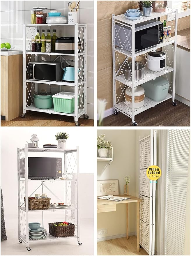 Lanstics 4 Tier Foldable Folding Shelves Heavy Duty Storage Shelving with Wheels Metal Shelf Standing Shelves Units for Home Kitchen Living Room