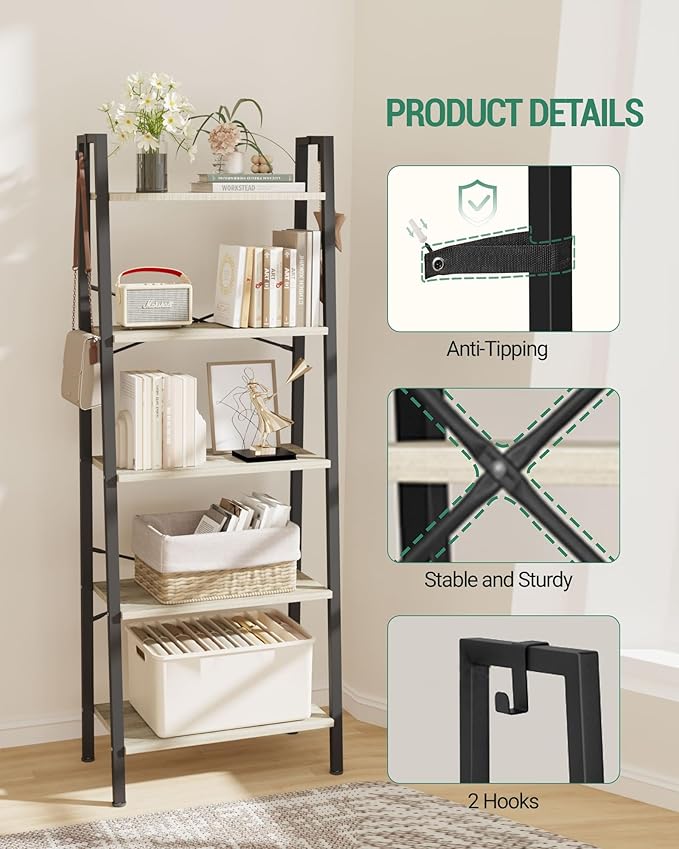 Ladder Shelf, Bookshelf Bookcase, Freestanding Corner Storage Shelve with 2 Hooks for Home Office, Living Room, Kitchen, Bedroom, Industrial, 11.8" D x 23.6" W x 63" H, Greige BC19305B