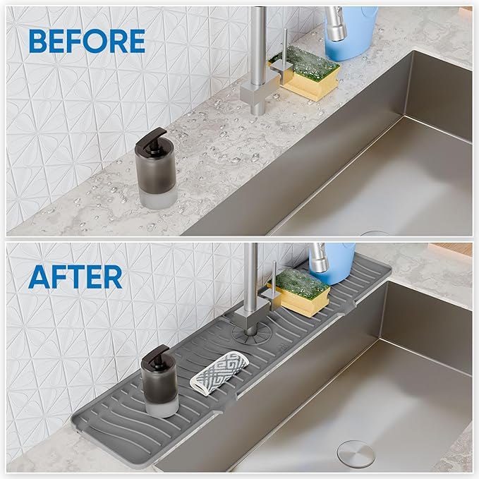24 Inch Longer Faucet Mat for Kitchen Sink, Silicone Sink Faucet Mat Splash Guard 5° Slope Premium Kitchen Sink Splash Faucet Guard, Fast Self-Draining Mat (Grey)