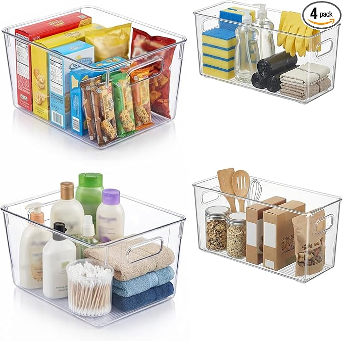 MOONEDGE 4 Pack Modular Clear Plastic Storage Organizer Bins – 2 Large & 2 Narrow, Nestable Space-Saving System for Pantry & Kitchen Storage, Fridge, Bathroom & Cabinet