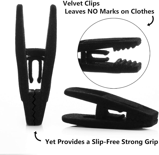 Black velvet hangers, ultra slim space saving, notches, tie bar, swivel hook, 30 pack, with bonus 20 matching velvet finger clips