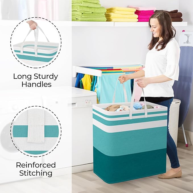 StorageRight Large Collapsible Laundry Basket Hamper with Easy Carry Handles，Freestanding Clothes Hampers for Laundry, Bedroom, Dorm, Towels, Toys, 100L, Green