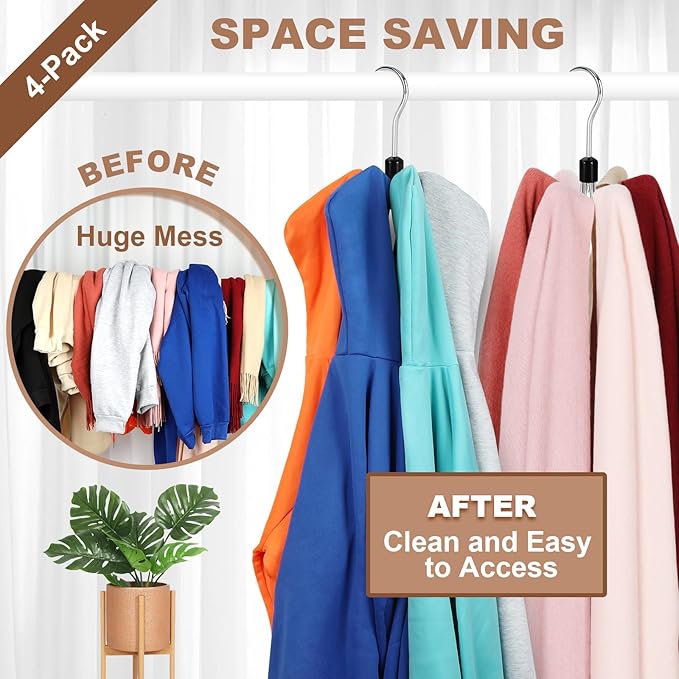 TOPIA HANGER Hoodie Hangers 4-Pack with 6 Wood Balls, 360°Swivel Purse Hanger, Scarf Hanger, Closet Hooks, Handbag Organizer, Bra Hanger, Accessory Organizers for Scarf, Tanktop, Hat, Hoodie CT57B
