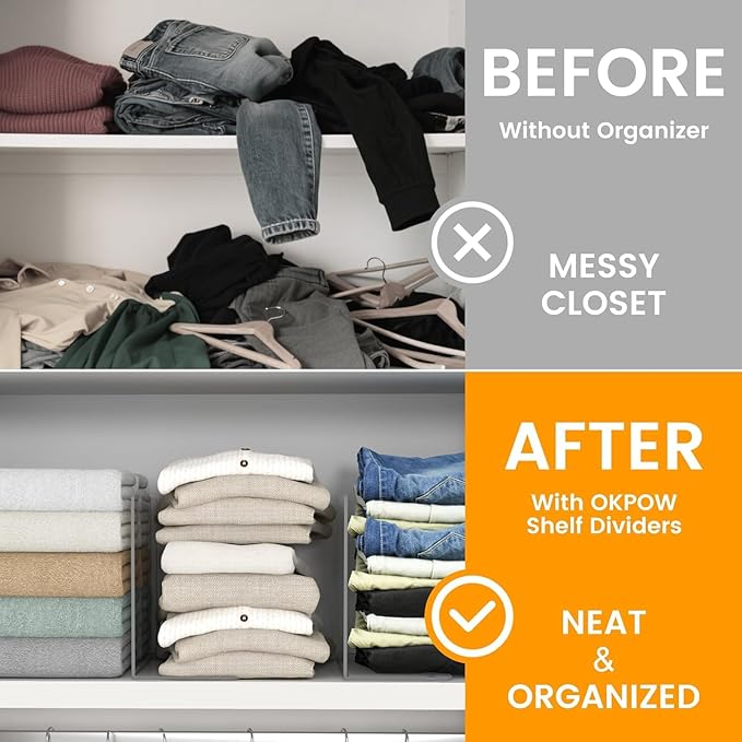 OKPOW Shelf Dividers for Closet Organization: 4 Pack Durable Clear Acrylic Divider Organizer for Shelves - Vertical Adjustable Shelving Separators for Clothing Purse