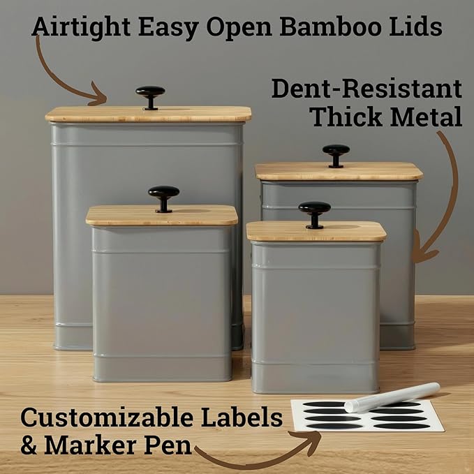 Kitchen Canisters for Countertop Set of 4 with Customizable Chalkboard Labels & Marker Pen - Big Iron Kitchen Canisters with Airtight Lids - Gray Canister Set - Flour and Sugar Containers Farmhouse
