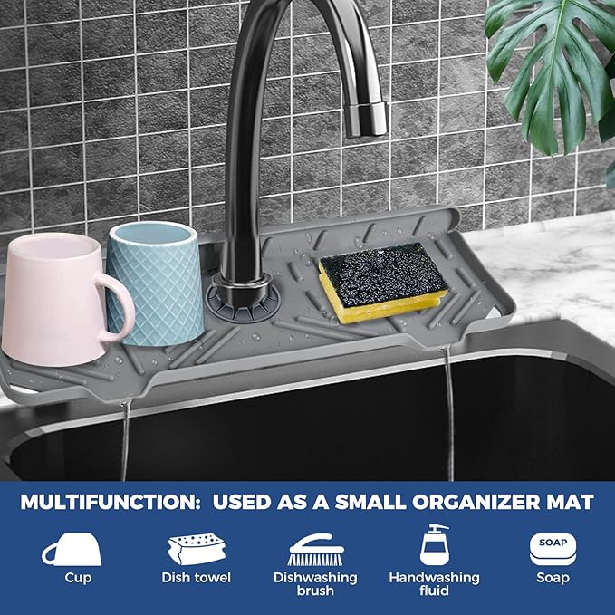 2 Pcs Silicone Faucet Handle Drip Catcher Tray, 2 in 1 Dish Soap Sponge Holder for Kitchen Sink & Splash Guard, Drying Mat for Sink Accessories, Counter, Bathroom