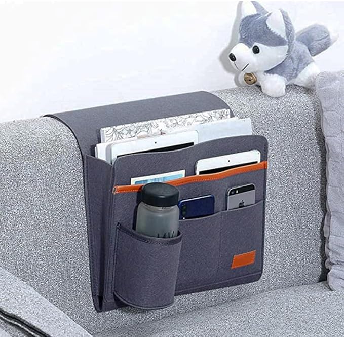 Bringsine Bedside Caddy, Felt Bed Storage Organizer Hanging Bag Holder with 5 Pockets for Magazine Book Phone Tablet iPad Cables Remote & Water Bottle Holder Home Dorm Bed Sofa-Deep Gray