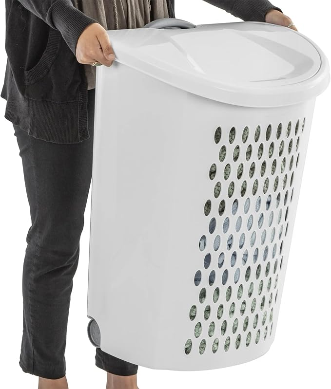 Wheeled Plastic Laundry Hamper with Handle, White - Easy Transport for Laundry, Durable Plastic, Rolling Design, Perfect for Bathroom & Bedroom Storage