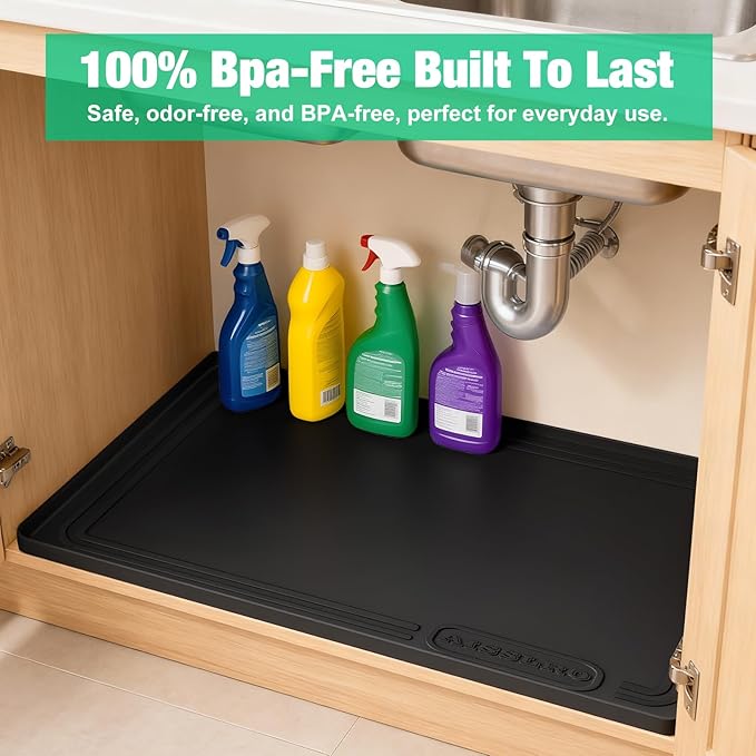 Aisslro Under Sink Mat 34" X 22", Waterproof Silicone Cabinet Organizer Protector with Raised Edge, Kitchen & Bathroom Leak Tray, Shelf Liner & Pet Feeding Mat for Dog Cat Food Mats, Black