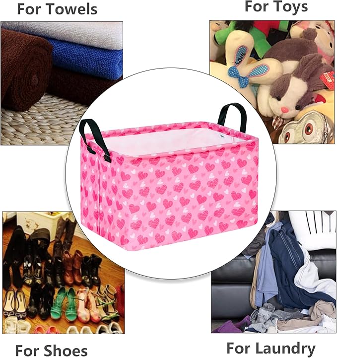 Girls Storage Basket Heart Print Storage Cube for Women, Closet Shelf Organizer Bins Empty Gift Basket with Handles Girls Nursery hamper Kids Toys Books Box Room Deco
