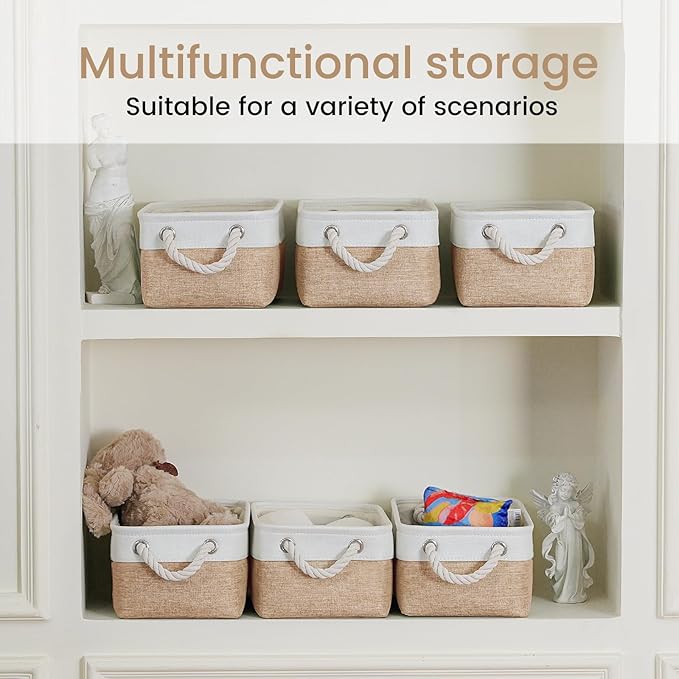 Storage Baskets for Shelves 11.8x7.9x5.2 Inch, Foldable Fabric Storage Bins with Handles, Small Storage Baskets for Organizing Closet, Office, Home Organization (1-Pack, White&Khaki)
