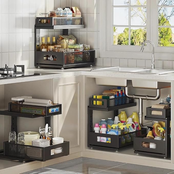 Corbyles 1 Pack 10.8"-14.9" H Under Sink Organizers and Storage Height Adjustable,2-Tier Pull Out Under Cabinet Shelf Organizer,Multi-Use Slide Out Drawer for Bathroom Kitchen Laundry-Black