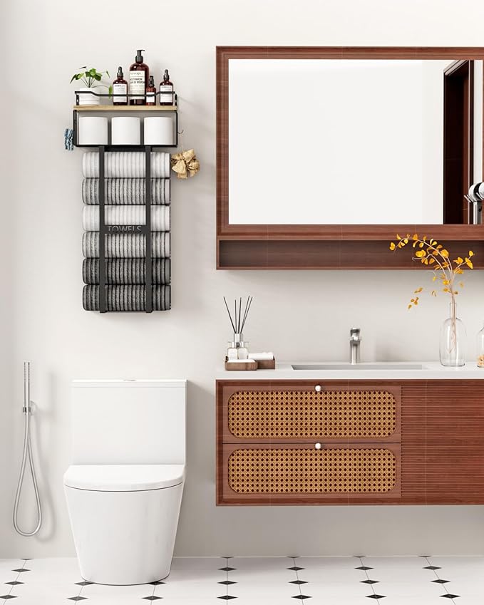 Towel Racks for Bathroom - Wall Mounted Metal Rack with Wood Plank, Bathroom Storage Organizer, Towel Holder Stores 6 Large Rolled Towels Easily, Black with Wood Plank