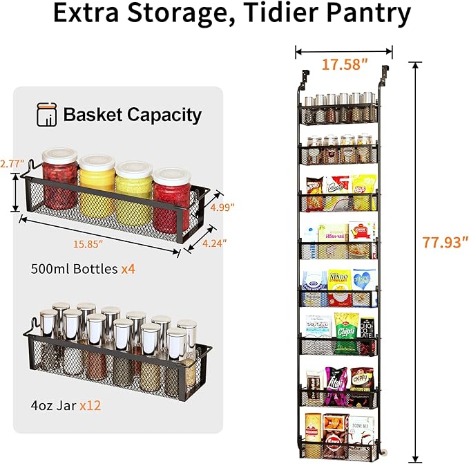 Over the Door Pantry Organizer, 8-Tier Pantry Door Organization and Storage, Over the Door Spice Rack, Home & Kitchen Storage Shelves for Cabinet, Black