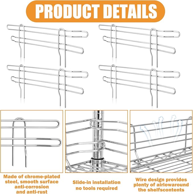 4 Pcs Chrome Wire Shelf Ledge 14" L x 5" H Wire Shelving Side Ledge Metal Shelves Accessories Pantry and Garage Storage (Silver)