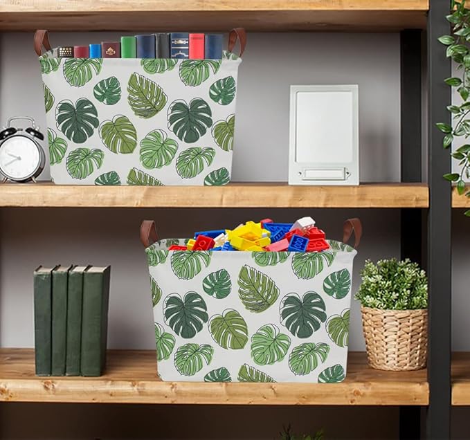 Rectangular Green Storage Basket, Waterproof Safari Nursery Box with Handles for Bedroom, Jungle Theme Gifts Basket, Momstera Decor(Leaf)