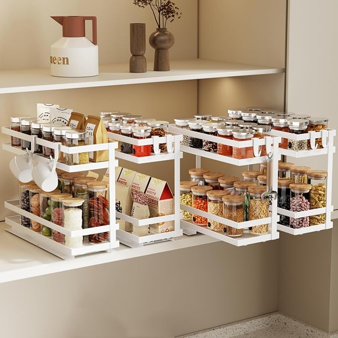 Pull Out Spice Rack Organizer for Cabinet, 4 Pack Metal Seasoning Organizer Slide Out Spice Storage Shelf No Assembly Vertical Spice Rack Pullout for Kitchen & Bahthroom No Drill(2 Tier,White)