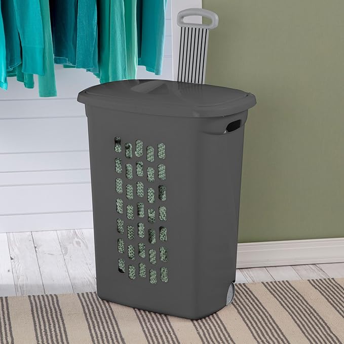 Sterilite 3-Pack Ultra Wheeled Hamper, Plastic Rolling Laundry Basket, Flat Gray - Portable Clothes Carrier with Flip-Top Lid and Retractable Handle for Home, Apartment, and Dorm