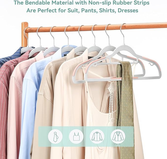 Tonswachic Pack of 50 Coat Hangers, Space-Saving Plastic Clothes Hangers, Non-Slip, 0.2 Inches Slim, 360° Swivel Silver Hook for Shirts, Pants, Suit & Wet/Dry Garments, Pink and Dark Gray